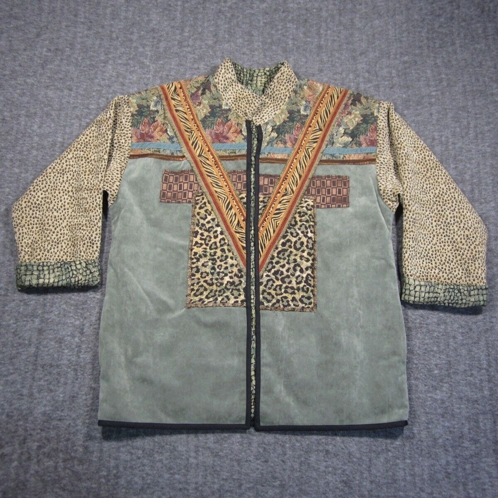 Genesis Designs Jacket Women‎ XL Green Wearable Art Animal Floral Southwest Boho